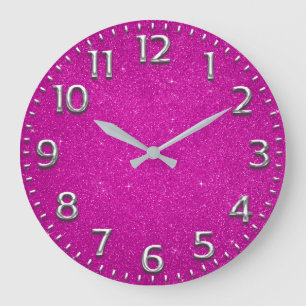 Grande Horloge Ronde Rose fuchsia gris en métal de chiffre arabe de
