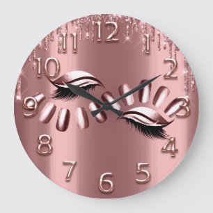 Grande Horloge Ronde Rose Gold Arabic Numéro Glitter Drip Lashes Nails