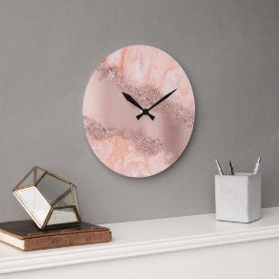 Grande Horloge Ronde Rose Gold Blush Pink Agate Geode Glitter