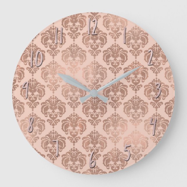 Grande Horloge Ronde Rose Gold Blush Rose Moderne Glamour Damassé (Recto)