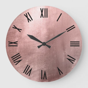 Grande Horloge Ronde Rose Gold Brillante Faux Feuille Noir Chiffres Rom