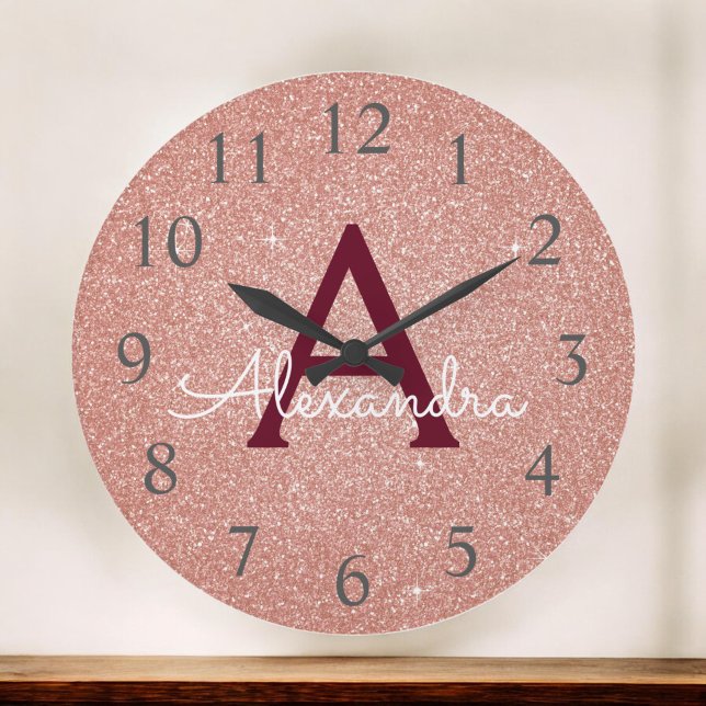Grande Horloge Ronde Rose Gold Burgundy Sparkle Parties scintillant Nom (Créateur téléchargé)