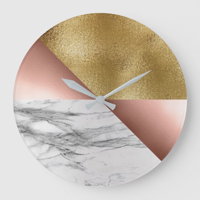 Grande Horloge Ronde Rose Gold Carrara Marbre Gris Géométrie métallique (Recto)
