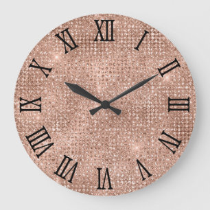 Grande Horloge Ronde Rose Gold Chiffres Romains Noirs Paillettes Disco