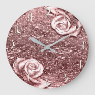 Grande Horloge Ronde Rose Gold Chrome Liquide Métallisé Chic Glamour