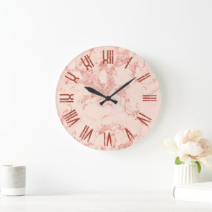 Grande Horloge Ronde Rose Gold Glam Marbre Retro Grunge Numéros romains