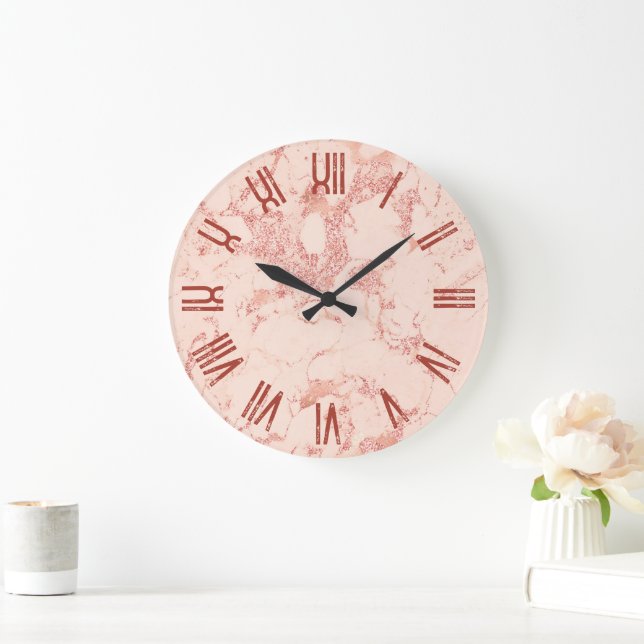 Grande Horloge Ronde Rose Gold Glam Marbre Retro Grunge Numéros romains (Maison)