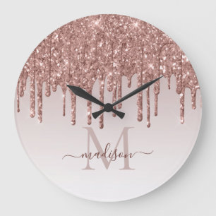 Grande Horloge Ronde Rose Gold Glitter Sparkle Glam Dripping Monogram
