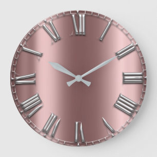 Grande Horloge Ronde Rose Gold Grey Métal Blush Argent Roman Numéros