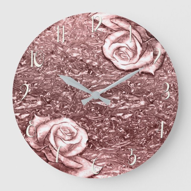 Grande Horloge Ronde Rose Gold Liquide Chrome Métallisé Chic Glamour (Recto)