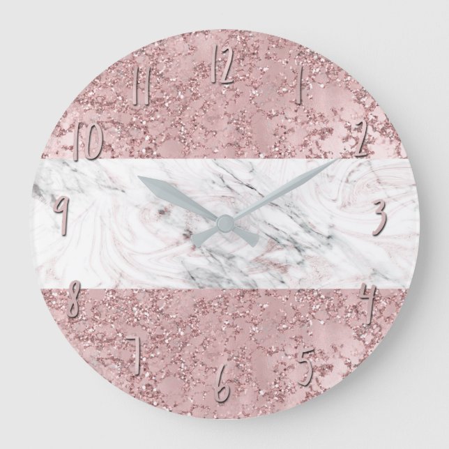 Grande Horloge Ronde Rose Gold Moderne Glam Marbre & Paillettes Décorat (Recto)