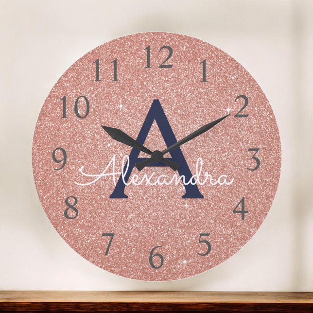 Grande Horloge Ronde Rose Gold Navy Blue Sparkle Parties scintillant No (Créateur téléchargé)