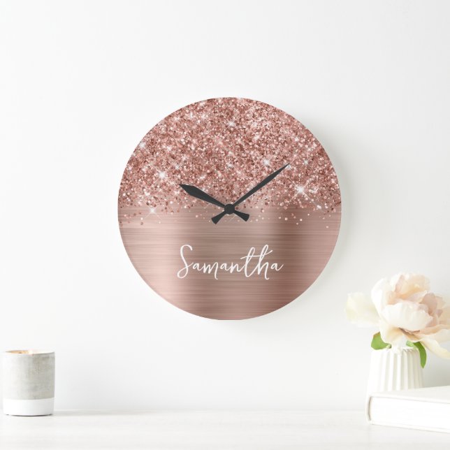 Grande Horloge Ronde Rose Gold Pailleté Glam Blanc Nom Script (Maison)