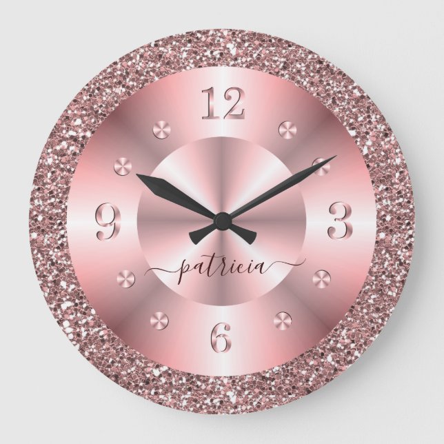 Grande Horloge Ronde Rose Gold Pailleté Personnalisé Tendance Nom (Recto)