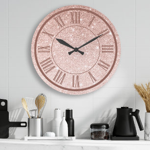 Grande Horloge Ronde Rose Gold Parties scintillant Roman Numéros Étince