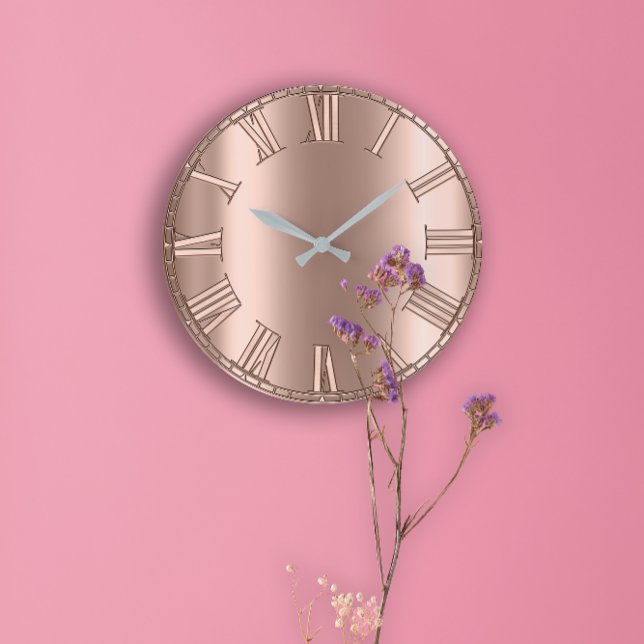 Grande Horloge Ronde Rose Gold Relief Métal Blush Silver chiffres romai (Rose Gold Relief Metal Blush Silver Roman Numbers Large Clock)