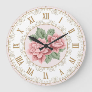 Grande Horloge Ronde Rose Gold Rose Shabby Chic Français Vintage