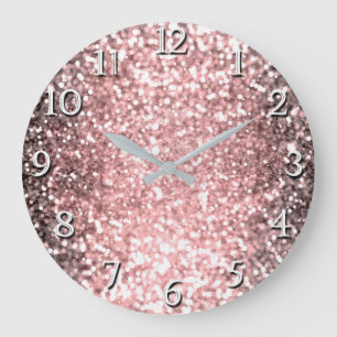 Grande Horloge Ronde Rose Gold Sparkle Lights Girls Glittery Sparkly