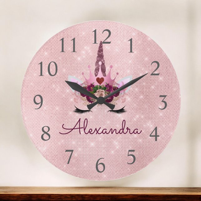 Grande Horloge Ronde Rose Gold Sparkle Parties scintillant Unicorn Mono (Créateur téléchargé)