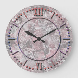 Grande Horloge Ronde rose, gris, élégant, grand, fleurs, fleurs roses,