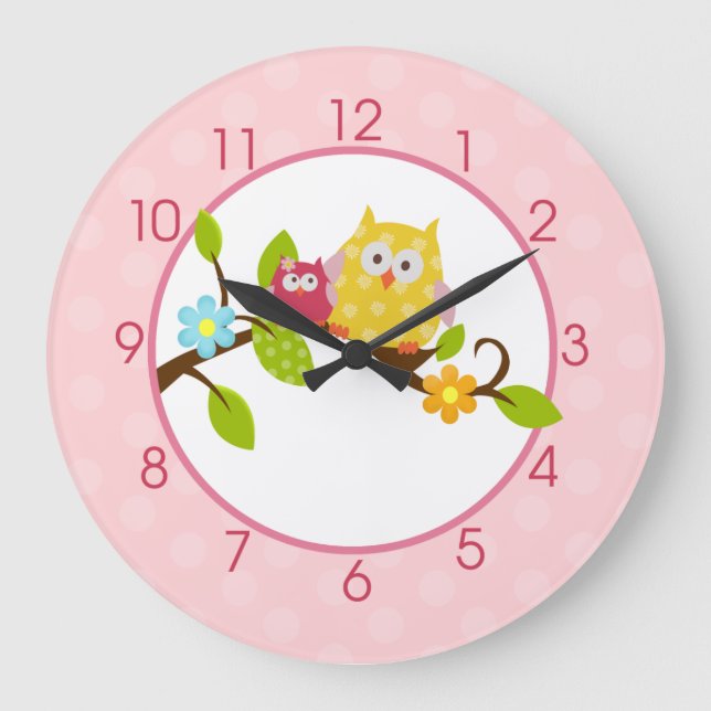 Grande Horloge Ronde Rose Happy Tree Owl Clock (Recto)