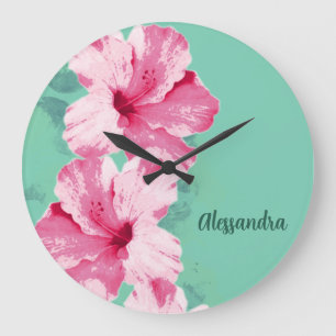 Grande Horloge Ronde Rose Hibiscus Tropical