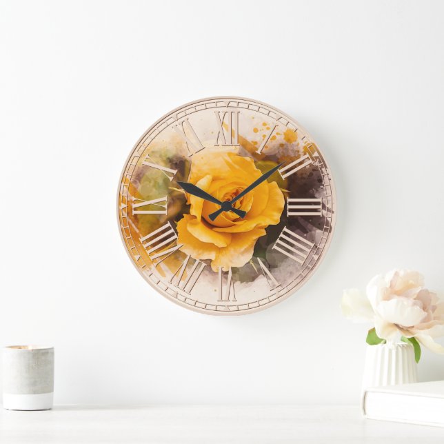 Grande Horloge Ronde Rose jaune simple aquarelle (Maison)