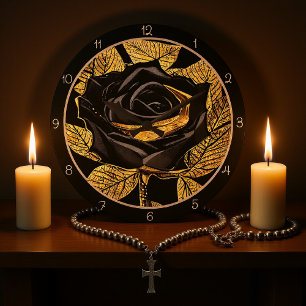 Grande Horloge Ronde Rose noire élégante dorée
