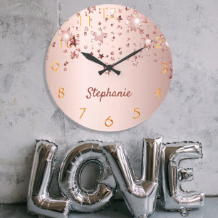 Grande Horloge Ronde Rose or brillant étoiles cuivre or girly