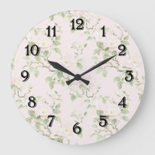 Grande Horloge Ronde Rose Pâle Blanc Floral Romantique