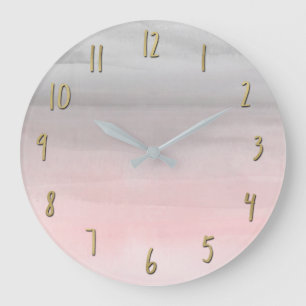 Grande Horloge Ronde Rose Pâle et Gris Moderne Aquarelle Féminin Glamou