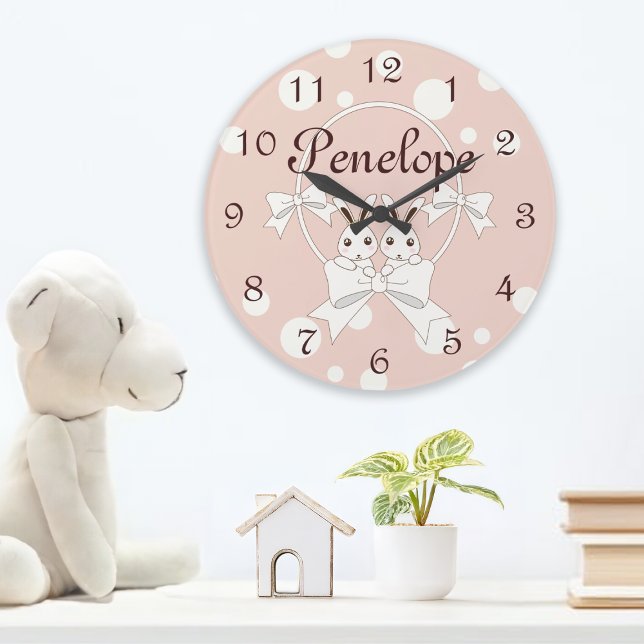 Grande Horloge Ronde Rose Pâle Ruban Blanc Cassé et Lapin Jumeau Mignon (Créateur téléchargé)
