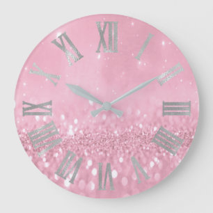 Grande Horloge Ronde Rose Pastel Rose Glitter Gray Roman Numbers