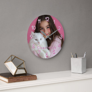 Grande Horloge Ronde Rose Photo & Nom Personnalisés