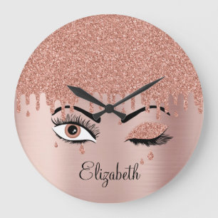 Grande Horloge Ronde Rose Pink Gold Eyelashes Dripping Glitter