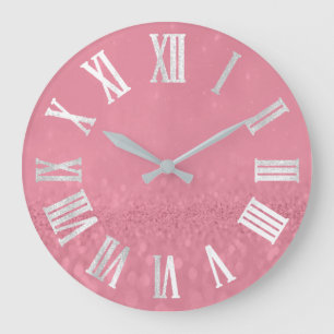 Grande Horloge Ronde Rose Pink Gray Silver Glitter Metal Roman Numers