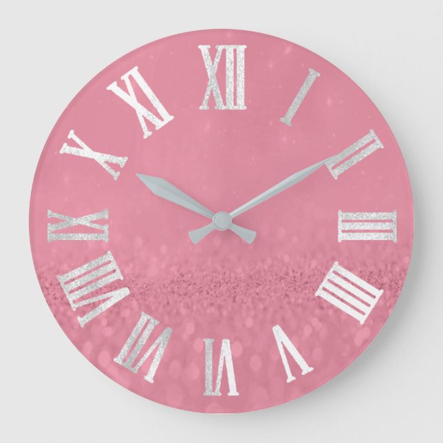 Grande Horloge Ronde Rose Pink Gray Silver Glitter Metal Roman Numers (Recto)