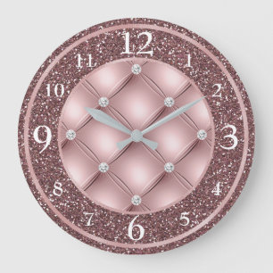 Grande Horloge Ronde Rose Poudré Foncé Pailleté et Diamants Glamour