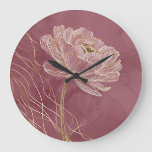 Grande Horloge Ronde Rose Poussiéreuse Art Linéaire Floral Minimaliste