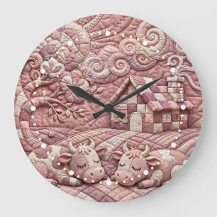 Grande Horloge Ronde Rose Poussiéreux Motif Patchwork Campagnard et Bro