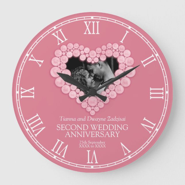 Grande Horloge Ronde Rose quartz coeur perlé rose mariage anniversaire (Recto)