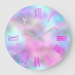 Grande Horloge Ronde Rose rose Fuchsia Parties scintillant bleue chiffr