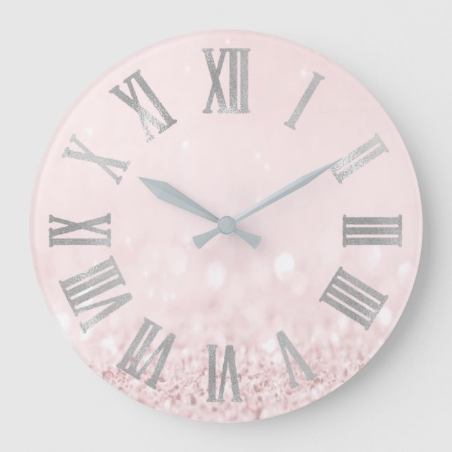 Grande Horloge Ronde Rose Rose Pastel Powder Glitter Roman Numbers (Recto)