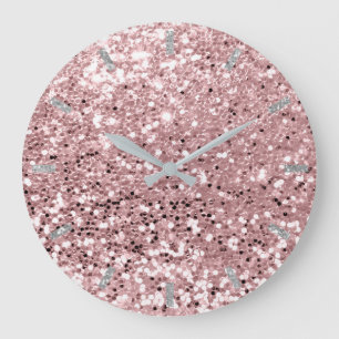 Grande Horloge Ronde Rose rose rougit Faux Parties scintillant gris