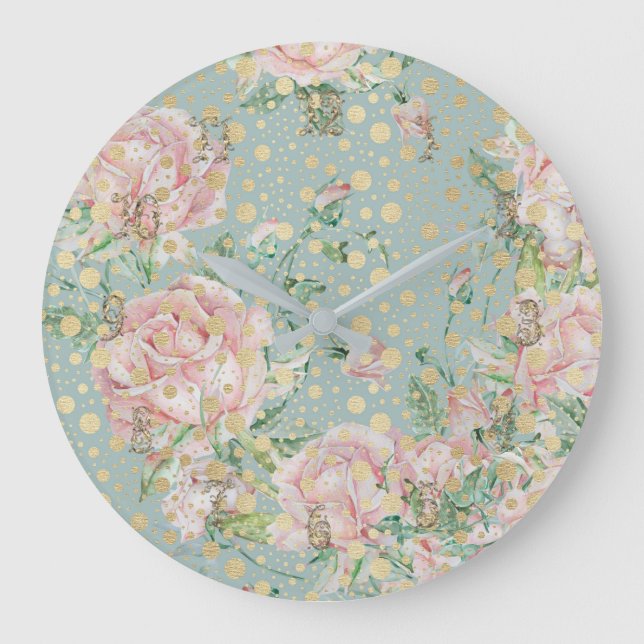 Grande Horloge Ronde Rose rose turquoise or pois pois motif floral (Recto)