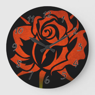 Grande Horloge Ronde Rose rouge Etching sur Noir