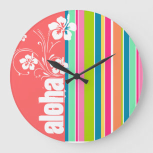 Grande Horloge Ronde Rose saumoné et rayé vert de Seafoam : Aloha