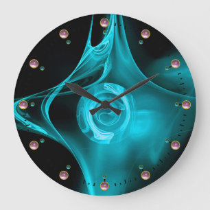 GRANDE HORLOGE RONDE ROSE TEAL BLUE FRACTAL EN NOIR, ROSE GEMSTONES