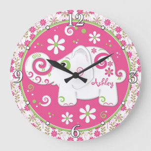 Grande Horloge Ronde Rose Vert Blanc Eléphant Floral Personnalisé