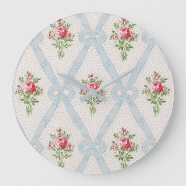 Grande Horloge Ronde Rose Victorian Roses w/Blue Ribbon Lattice (Recto)
